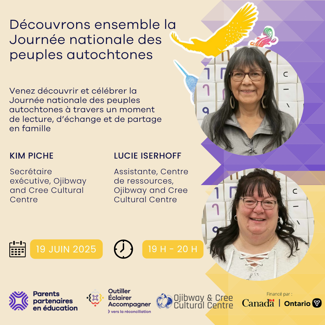 « Découvrons ensemble la Journée nationale des peuples autochtones ». Deux intervenantes y figurent : Kim Piché, secrétaire exécutive au Ojibway and Cree Cultural Centre, et Lucie Iserhoff, assistante au Centre de ressources du même organisme. L’événement aura lieu le 19 juin 2025, de 19 h à 20 h.